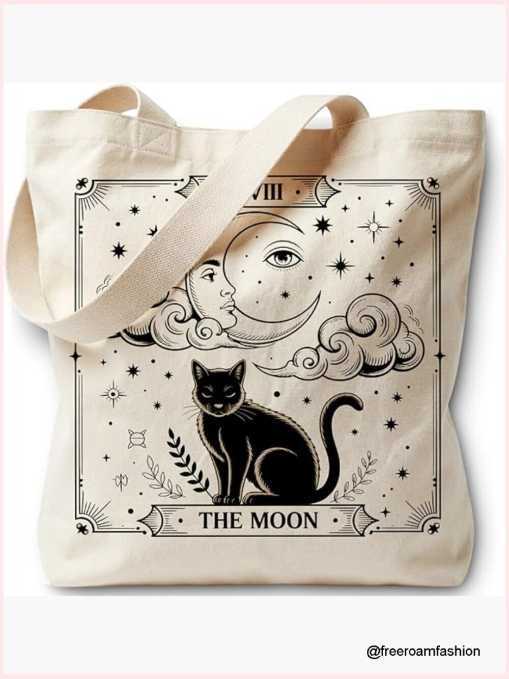 Canvas Tote Bag with Tarot Black Cat Design, Medium Size, Zipper Closure